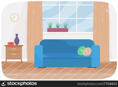 Living room interior design with blue sofa next to window, clock on wall and potted plant. Arrangement of furniture and layout of premises in apartment. Place to relax at home on comfortable couch. Living room interior design with blue sofa next to window nightstand clock on wall and potted plant
