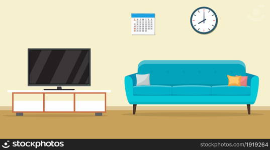 Living room interior design with furniture sofa, tv, clock. Vector illustration in flat style. Living room interior design