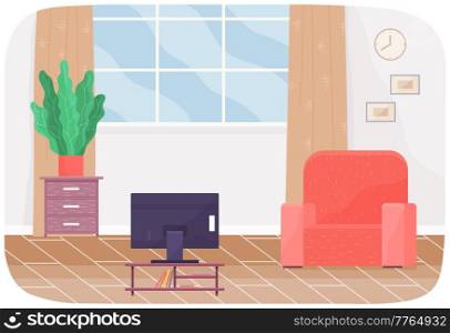 Living room interior design with red armchair next to window, television set and potted plant. Arrangement of furniture and layout of premises in apartment. Glazed window and modern soft chair. Living room interior design with red armchair next to window, television set and potted plant
