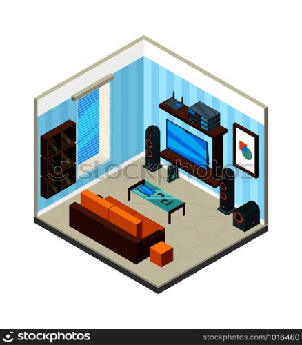 Living room interior. Entertainment home theatre table console tv set computer audio system vector isometric picture. Illustration of living room, home interior with audio tv system. Living room interior. Entertainment home theatre table console tv set computer audio system vector isometric picture