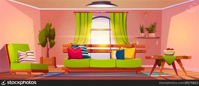 Living room interior filled with sun light with green furniture - sofa and armchair with pillows, large window with curtains and various plants in pots. Cartoon vector cozy empty home inside.. Living room interior with green furniture