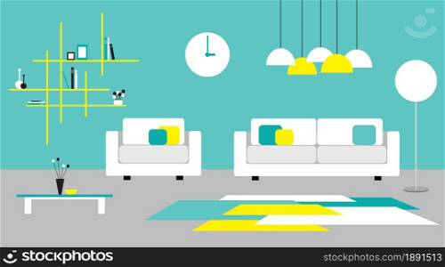 Living room interior flat design. Colorful furniture, lamp, sofa, table, library. Cartoon style vector illustration.