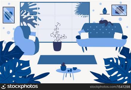 Living room interior flat illustration. Modern apartment restroom with no people. House lounge space furnishing. Home rest, cozy atmosphere, Comfortable sofa