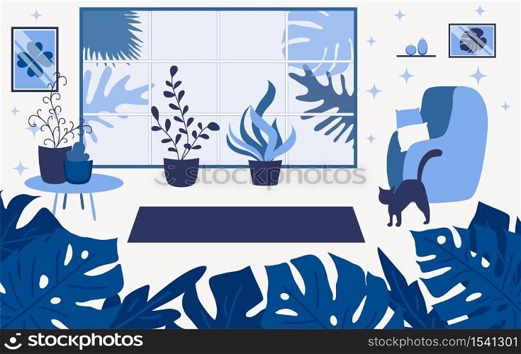 Living room interior flat illustration. Modern apartment restroom with no people. House lounge space furnishing. Home rest, cozy atmosphere, Comfortable sofa