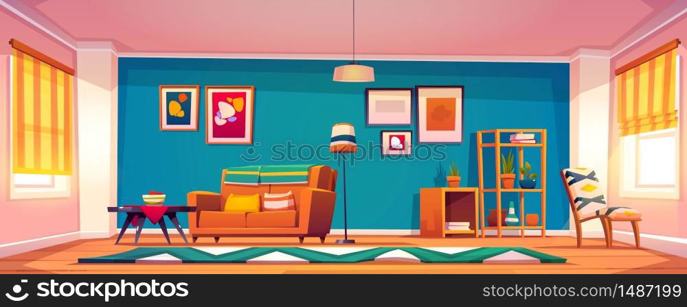 Living room interior in boho style with blue wall, sofa, coffee table and plants on shelves. Vector cartoon illustration of bohemian lounge with carpet and armchair with bright geometric design. Vector interior of living room in boho style