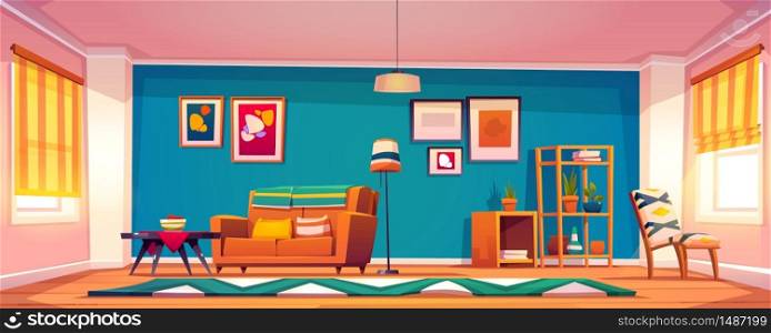 Living room interior in boho style with blue wall, sofa, coffee table and plants on shelves. Vector cartoon illustration of bohemian lounge with carpet and armchair with bright geometric design. Vector interior of living room in boho style