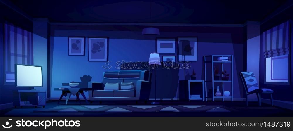 Living room interior in boho style with glowing tv screen at night. Vector cartoon illustration of bohemian lounge with sofa, coffee table, armchair and plants on shelves. Watch movie in dark room. Vector interior of living room with tv at night