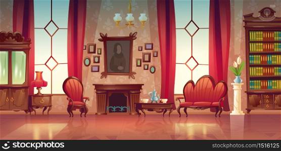 Living room interior in classic victorian style with sofa, armchair, fireplace and bookcase. Vector cartoon illustration of old lounge room with vintage wooden furniture and tea on table. Vector interior of victorian living room