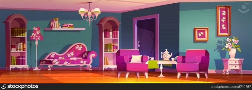 Living room interior in cute princess style, elegant pink furniture with floral pattern, vintage couch, bookcase, coffee table with teapot, flowers. Feminine classic design Cartoon vector illustration. Living room interior in cute princess style, pink
