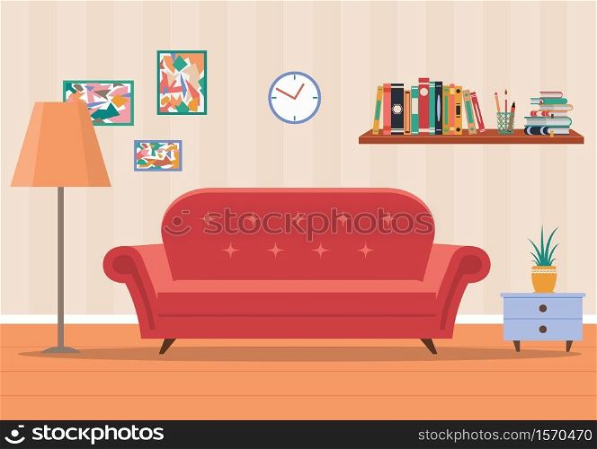 Living room interior in home. Design of cozy room with sofa, lamp, clock, flower, books. Flat illustration of livingroom with furniture for guest. Cartoon lounge background.. Living room interior in home. Design of cozy room with sofa, lamp, clock, flower, books. Flat illustration of livingroom with furniture for guest. Cartoon lounge background