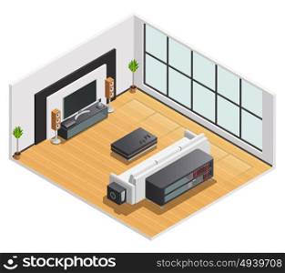 Living Room Interior Isometric View Poster . Living room or hotel lounge with large tv screen speakers and white couch isometric view vector illustration