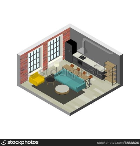Living room interior. Living room interior in isometric view. Illustration of loft apartment with brick wall.