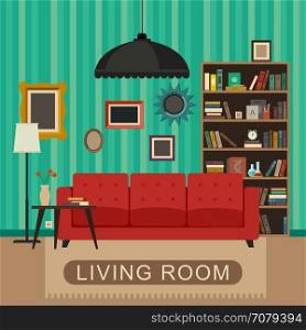 Living room interior.. Living room interior with furniture. Vector banner of living room in flat style.