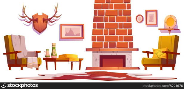 Living room interior objects in traditional chalet style, wooden furniture. fireplace, horns and pictures hanging on wall, armchair with plaid, table and cow skin rag, home decor Cartoon vector set. Living room objects in traditional chalet style