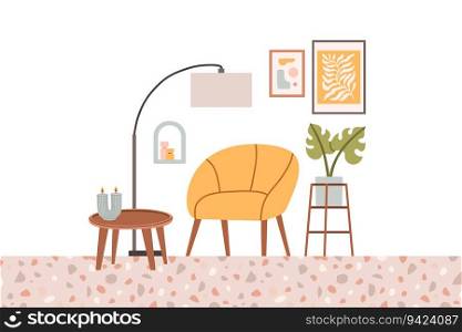 Living room interior set with armchair, bookshelves. Vector flat style collection of furniture for house isolated on white background. Vector illustration
