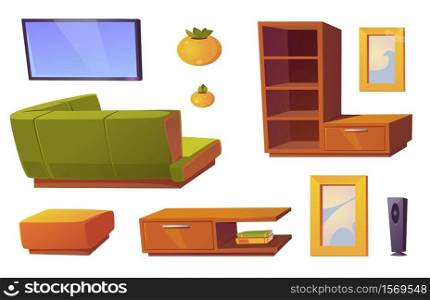 Living room interior set with corner sofa, bookshelves and tv. Vector cartoon furniture collection for house, pouf, mirror frame and rear view of green couch isolated on white background. Corner sofa, tv and bookshelves for living room