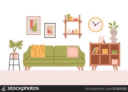 Living room interior set with sofa, armchair, bookshelves. Vector flat style collection of furniture for house isolated on white background. Vector illustration