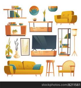 Living room interior set with sofa, armchair, bookshelves and tv. Vector cartoon furniture collection for house, modern decor, floor lamp and spring plants isolated on white background. Living room interior set of furniture