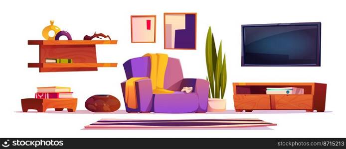 Living room interior set with sofa, tv and play console with joystick, potted plant. Vector cartoon illustration of lounge with coffee table and wooden bookshelf abstract painting isolated on white. Living room interior, sofa, tv and play console