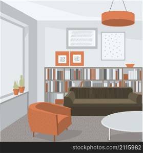 Living room interior. Sofa, armchair and bookcase.Vector illustration.