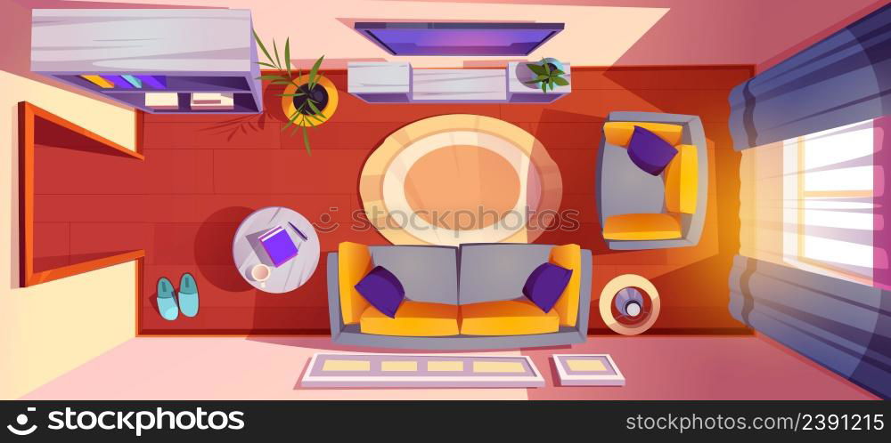 Living room interior top view. Apartment with sofa, tv, armchair and coffee table with floor lamp, potted plant, pictures on wall and bookcase. Home with curtained windows, Cartoon vector illustration. Living room interior top view, apartment design