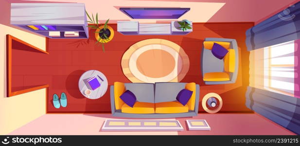 Living room interior top view. Apartment with sofa, tv, armchair and coffee table with floor lamp, potted plant, pictures on wall and bookcase. Home with curtained windows, Cartoon vector illustration. Living room interior top view, apartment design