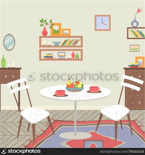 Living room interior, white dining table with cups and plate with fruits. Big plants in pots, shelf with books and clock on wall. Sweet home. Vector illustration in flat cartoon style. Living Room Interior with Dining Table Vector