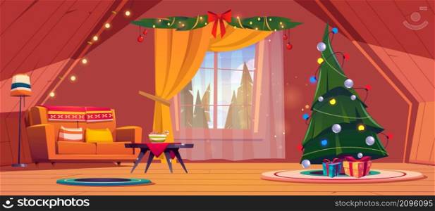 Living room interior with Christmas tree and sofa on house attic. Vector cartoon illustration of cozy room under wooden roof with New Year decoration, Xmas fir, couch and forest behind window. Living room with Christmas tree on house attic