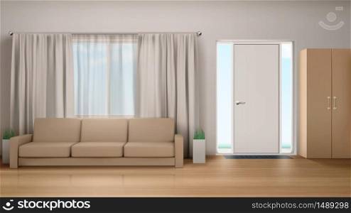 Living room interior with couch, wardrobe, curtained window and door with glass panels. Empty modern home design vizualization inside view. Realistic 3d vector house with white walls and wooden floor. Living room interior with couch and wardrobe.