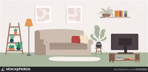 Living room interior with different furniture and TV. Indoor items as comfortable sofa with pillows, plants, shelf with books, l&and pictures in frames on wall vector illustration. Living room interior with different furniture and TV. Indoor items as comfortable sofa with pillows, plant
