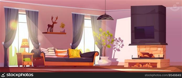 Living room interior with fireplace at home cartoon illustration. Sofa near wall inside cozy house vector design. Chalet livingroom lounge with carpet, couch and tv. Beautiful fireside hotel apartment. Living room with fireplace at home illustration