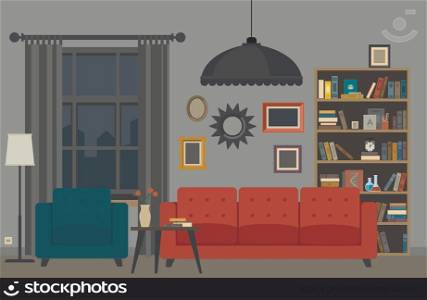 Living room interior with furniture. Vector banner of living room in flat style.