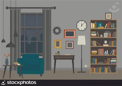 Living room interior with furniture. Vector banner of living room in flat style.