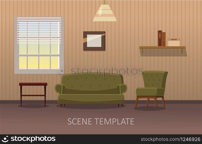 Living room interior with furniture. Vector illustration in flat style. Living room interior with furniture. Vector illustration in cartoon style. Template scene for animation, isolated