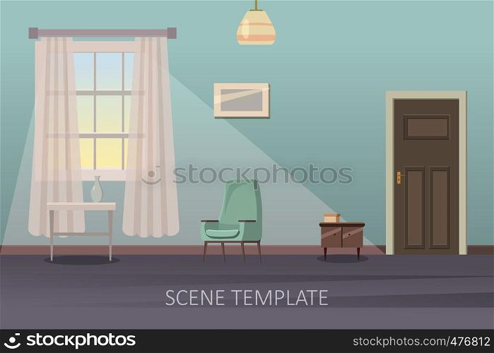 Living room interior with furniture. Vector illustration in flat style. Living room interior with furniture. Vector illustration in cartoon style. Template scene for animation, isolated