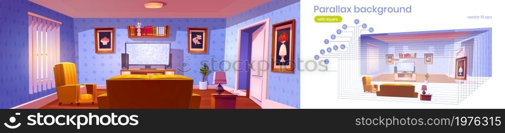Living room interior with glowing tv screen and rear view to sofa. Vector parallax background for 2d animation with cartoon illustration of lounge room with yellow couch, chair and plasma television. Parallax background with living room with tv