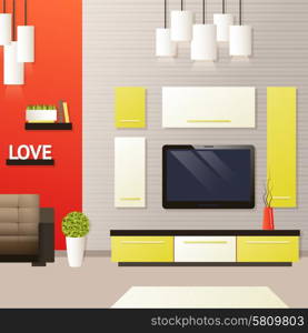 Living room interior with indoors flat furniture objects vector illustration. Living Room Interior