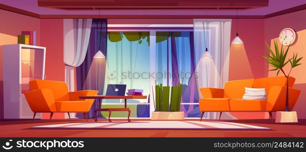 Living room interior with large panoramic windows and view on front yard landscape with lawn and trees. Modern house cottage apartment with cozy furniture, home design, Cartoon vector illustration. Living room interior with large panoramic windows