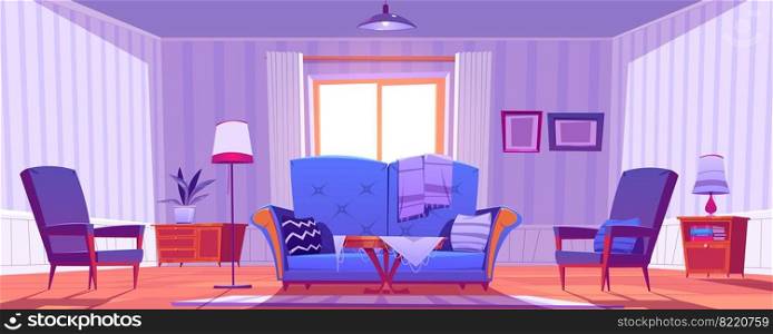 Living room interior with old fashioned furniture and decor. Sofa with pillows, coffee table and armchairs. Cozy apartment with couch, rag, pictures on wall, empty home Cartoon vector illustration. Living room interior with old fashioned furniture