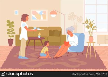 Living room interior with patterned carpet on floor and three people flat vector illustration