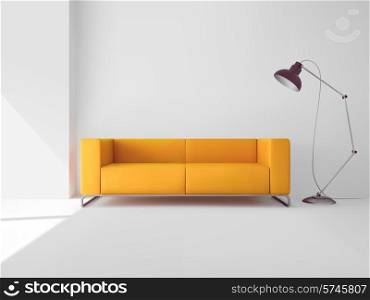 Living room interior with realistic yellow sofa and lamp vector illustration
