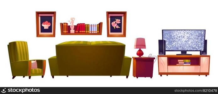 Living room interior with sofa and tv back view, bookshelf and armchair. Cozy apartment with couch front of television set on stand, pictures home design elements isolated, Cartoon vector illustration. Living room interior with sofa and tv, apartment