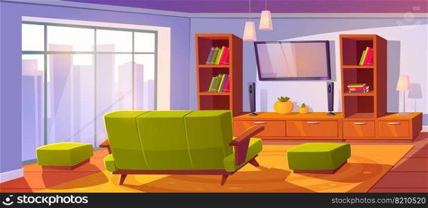 Living room interior with sofa and tv back view, bookshelves and couches. Empty apartment with cozy seat front of television set on wall and large window, home design Cartoon vector illustration. Living room interior with sofa and tv, apartment