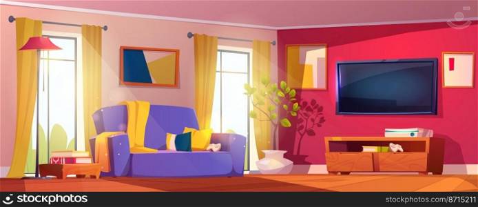 Living room interior with sofa, tv set and play console with joystick, potted plant. Vector cartoon illustration of lounge with coffee table, wooden floor and l&. Big windows with sunlight or beam. Living room interior, sofa, tv and play console