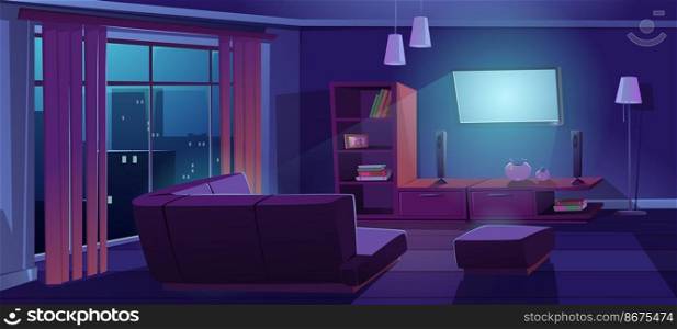 Living room interior with tv and sofa back view at night. Dark apartment with corner couch front of working television on wall, empty home design with furniture and decor, Cartoon vector illustration. Living room interior with tv, sofa at night time