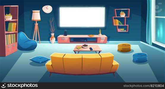 Living room interior with tv and sofa back view at night time. Dark apartment with couch front of working television set on wall, empty home design with bean bag chair, Cartoon vector illustration. Living room interior with tv, sofa at night time