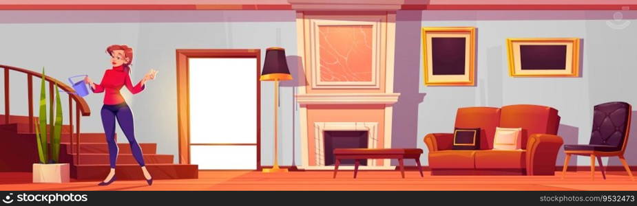 Living room interior - young woman watering flowers in pot near steps upstairs in lounge with fireplace, soft sofa, table and chair. Cartoon horizontal vector background of cozy house from inside.. Living room interior with young woman