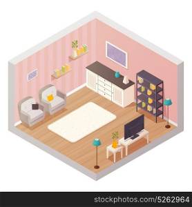 Living Room Isometric Interior. Isometric living room interior design composition with cartoon icons of furniture items shelves and plants materials vector illustration