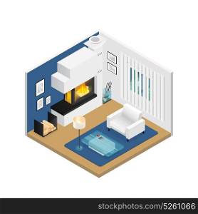 Living Room Isometric Interior With Fireplace. Living room interior with modern fireplace window blind furniture and carpet on beige floor isometric vector illustration