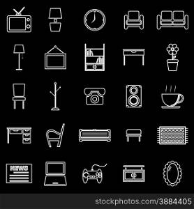 Living room line icons on black background, stock vector